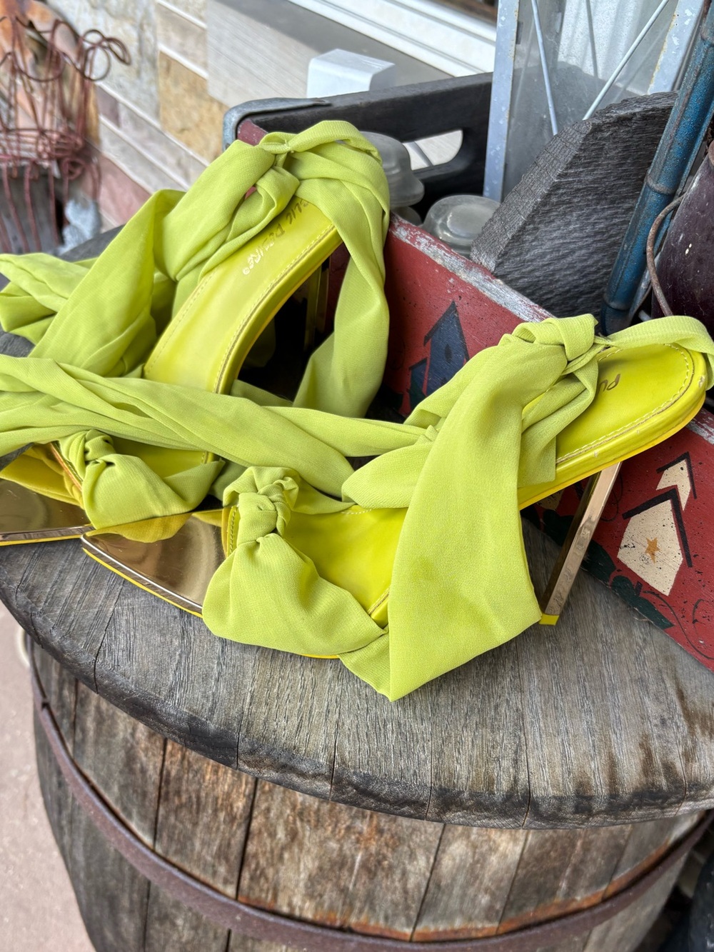 Public Desire Huni Chartreuse Chiffon Ribbon Tie Up Lace-Up Sandals - Picture 6 of 8